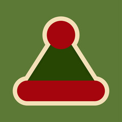 Christmas sticker. Vector illustration. Green Santa hat with a white outline on a green background. New Year's stickers. Bright festive background. Sale banner.