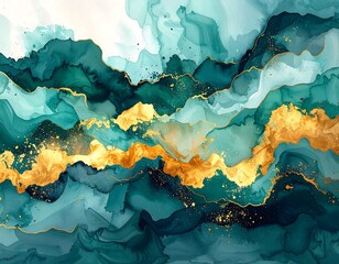 Abstract fluid art of turquoise and emerald hues with gold accents