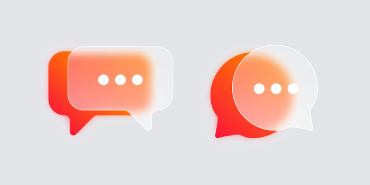 Modern liquid glass interface speech bubbles. Chat symbols in glassmorphism with gradient, blur and transparency. Dialogue boxes, chatting, and talking. Vector illustration.