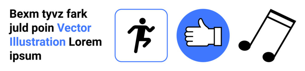 Obraz premium Fitness, social media, positivity, music, digital interaction, communication. Black running figure, thumbs-up in a blue circle black music note. Fitness and social media concept