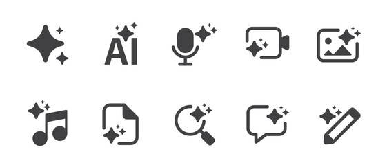 Modern generative AI icon set. Generate symbols with sparkle. Artificial Intelligence line icon element for UI design, website, and apps. Vector illustration. © S and V Design