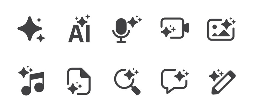 Modern generative AI icon set. Generate symbols with sparkle. Artificial Intelligence line icon element for UI design, website, and apps. Vector illustration.