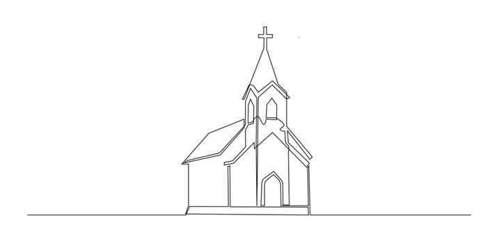 Continuous line drawing of a church building with a cross on top. One line drawing depicts faith, spirituality, worship, architecture, and a peaceful sacred atmosphere.