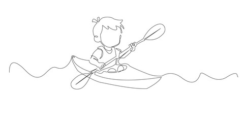 Continuous line drawing of a child kayaking on water. One line drawing paddling a kayak to depict adventure, outdoor sport, fun, and active childhood.