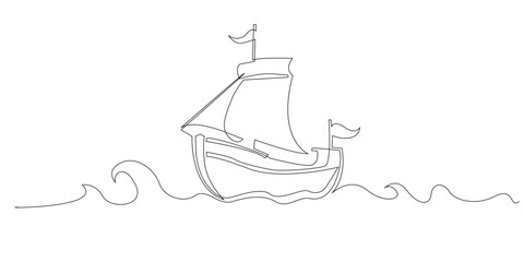 Continuous line drawing of a sailboat gliding over waves. One line drawing symbolizing adventure, travel, freedom, and a calm maritime atmosphere.