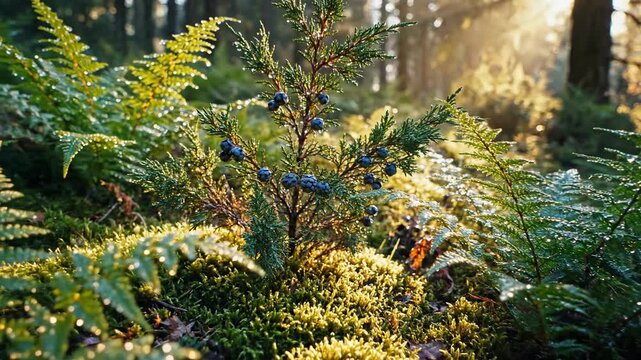 Juniper bush with berries, dew drops, and mossy ground, illuminated by sunlight in a forest setting