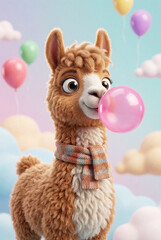 Fototapeta premium Fluffy Adorable Llama Blowing Bubblegum