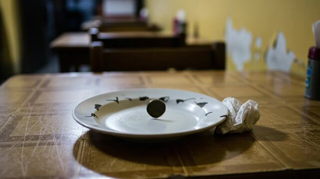 Single coin falling into empty plate on worn table symbolizing poverty and the gap between rich and poor 