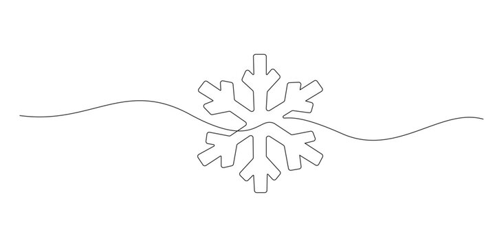 Continuous line drawing snowflake icon. One line drawing minimalist winter symbol to depict cold weather, ice, purity, symmetry, and seasonal design.