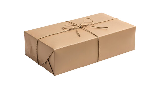Brown cardboard package tied with twine string isolated on transparent background