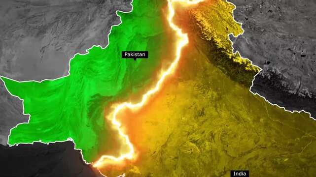 A highlighted map of india, pakistan, amid grayscale surroundings