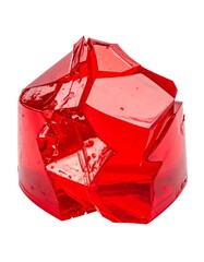 A fragmented, bright red, translucent, gel-like substance, resembling shards, is against a clean white background