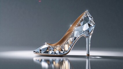 Exquisite Multicolored Faceted Crystal High-Heel Slipper with Diamond Accents: A Cinderella-Inspired, Luxurious Work of Art in a Sleek Studio Setting with Dramatic Lighting and Reflections.