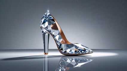 Exquisite Multicolored Faceted Crystal High-Heel Slipper with Diamond Accents: A Cinderella-Inspired, Luxurious Work of Art in a Sleek Studio Setting with Dramatic Lighting and Reflections.