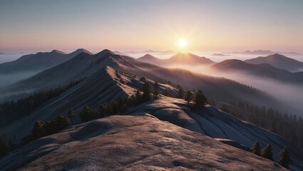 Scenic mountain landscape at sunrise with mist, rocky slopes, and pine trees, capturing a serene natural wilderness view.