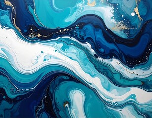 Abstract swirling liquid art in blue, white, gold hues