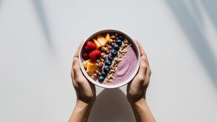 A vibrant and healthy acai or smoothie bowl topped with fresh berries, mango, and granola, held in hands in bright, sunlit, minimalist aesthetic.
