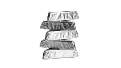 Stack of silver wrapped chocolate bars isolated on transparent background