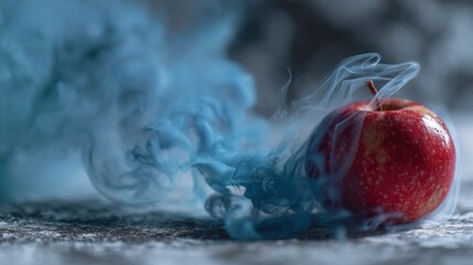 Red apple in dark, abstract water with white smoke and light blue reflection