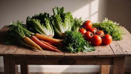 A vibrant assortment of fresh, organic carrots, green leaf lettuce, and ripe red tomatoes arranged on a rustic wooden board, bathed in natural window light for a healthy and rustic food display.