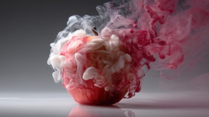 Red apple fruit frozen in a clear white ice cube on an isolated background