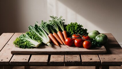 A vibrant assortment of fresh, organic carrots, green leaf lettuce, and ripe red tomatoes arranged on a rustic wooden board, bathed in natural window light for a healthy and rustic food display.