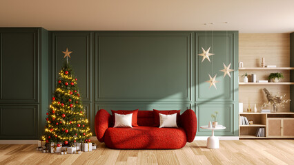Obraz premium Modern scandinavia living room interior with red sofa and decorated Christmas tree,on dark green wall ,wooden cabinet and wood floor, 3D rendering.
