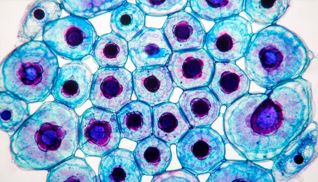 Microscopic view of densely aggregated onion epidermal cells with stained nuclei