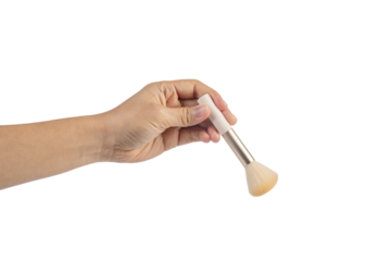 Pink cosmetic blush in hand on transparent background