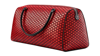 Red geometric pattern duffel bag with black handles and zipper, isolated on transparent background