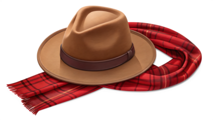 Brown fedora hat and red plaid scarf accessory set isolated on transparent background