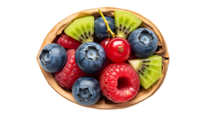 Variety of fresh plums and raspberries in a woven basket isolated on transparent background