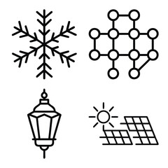Snowflake, Molecular Network Structure, Traditional Lantern, and Solar Panel with Sun Energy Outline Icons Set