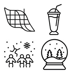 Fishing Net or Hammock Mesh, Smoothie Beverage with Straw, People Standing in Snow with Snowflakes, and Winter Snow Globe with Trees Outline Icons Set