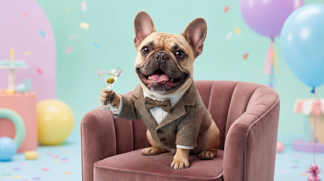 French Bulldog Cheering a Toast with Martini Cocktail
