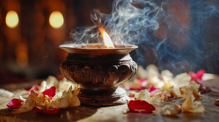Traditional oil lamp burning with smoke and flower petals