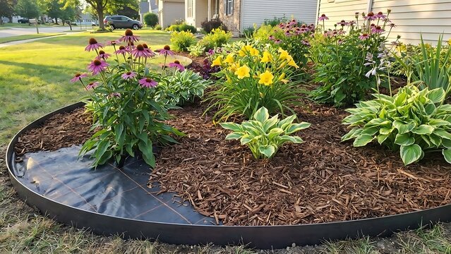 Newly installed metal garden edging with mulch and blooming flowers in a yard