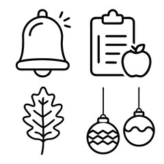Ringing Bell Notification, Clipboard with Apple, Oak or Maple Leaf, and Christmas Ornament Bauble Outline Icons
