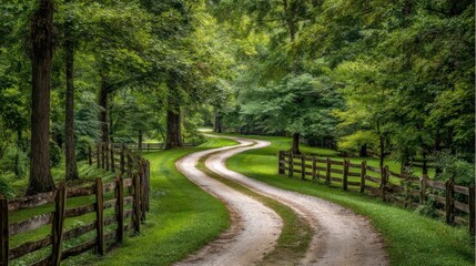 Obraz premium Winding Country Road Through Lush Green Forest with Wooden Fence and Natural Light