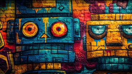Fototapeta premium Urban Art: Vibrant Graffiti Featuring Abstract Robot Characters on a Textured Brick Wall