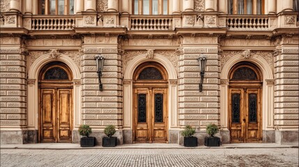 Fototapeta premium Architectural Facade with Ornate Entrances and Classic Design, Featuring Wooden Doors and Stone Detailing