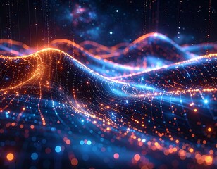 Abstract digital landscape with glowing orange and blue particle streams