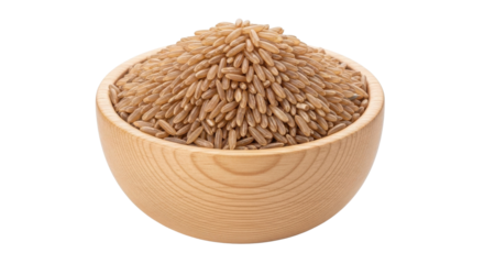 Raw Brown Rice Grains in Wooden Bowl Isolated on White Background