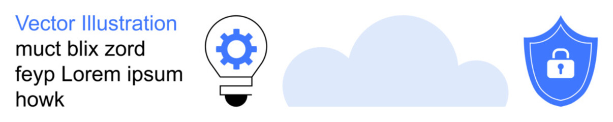 Cybersecurity, data storage, cloud computing, technical innovation, data encryption, information safety. Gear inside bulb, cloud and secure shield icon. Cybersecurity and data storage concept