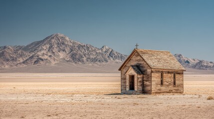 Isolated Chapel in Arid Landscape with Distant Mountains and Clear Sky Offering Tranquility and Solitude