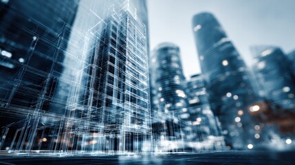 Modern Cityscape Architecture Visualization with Abstract Wireframe Overlay and Futuristic Design, Representing Innovation and Urban Planning