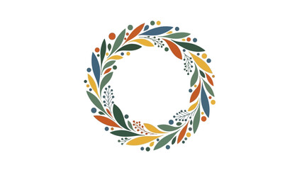 Vibrant floral wreath with colorful leaves and dots on white background, perfect for decoration and design