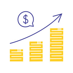 Flat cartoon vector illustration of gold coin stacks with upward arrow and dollar symbol, finance growth theme, success mood for income increase, investment, savings and business projects, banking