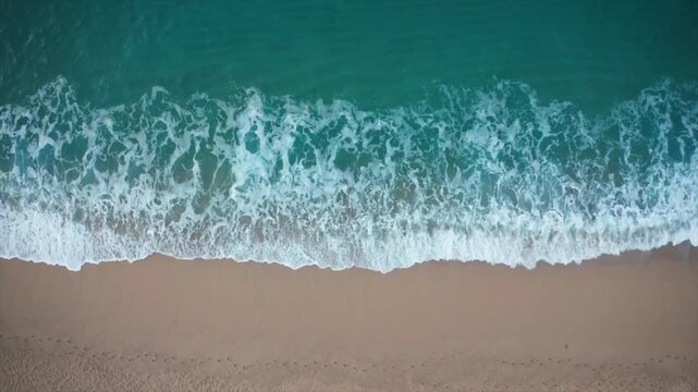 Aerial ocean waves crashing on sandy beach shoreline from top view for summer travel nature background relaxation and coastal landscape video