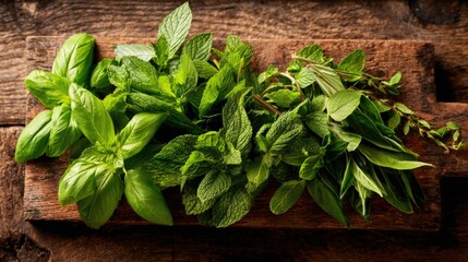 Fresh Culinary Herbs on Wooden Board: Basil, Mint, and Thyme for Gourmet Cooking
